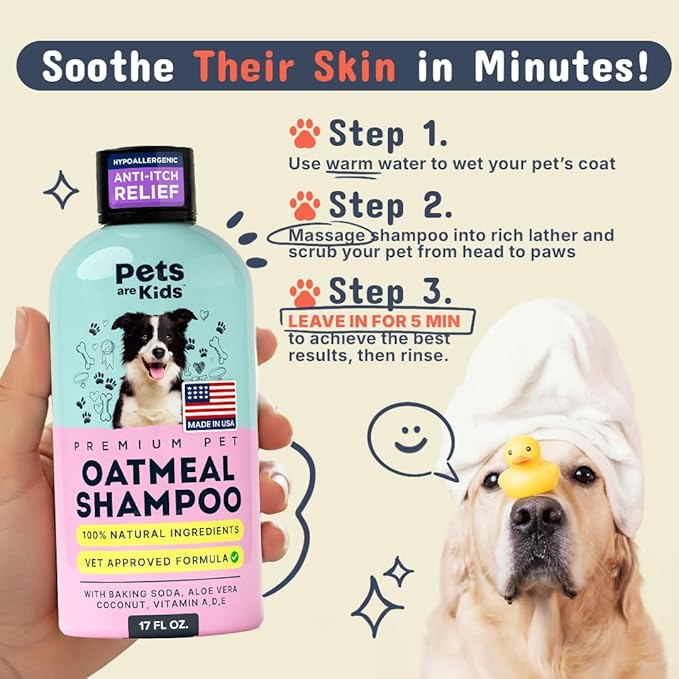 Pets Are Kids Too Oatmeal Dog Shampoo Baking Soda Hypoallergenic Anti Itch Moisturizing Soothing Deodorizing Pet Care Safe Puppy Shampoo Sensitive Skin Cat Shampoo - Coconut Based Cleanser 17 fl oz