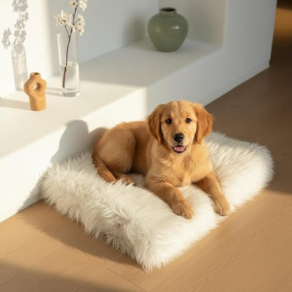 IHAPPYDOG Luxury Faux Fur Orthopedic Dog Beds, Memory Foam Crate Bed for Small, Medium, Large and XL Pets, Fluffy Pet Bed with Waterproof and Washable Cover, Fits Crates (White, 23"x18")