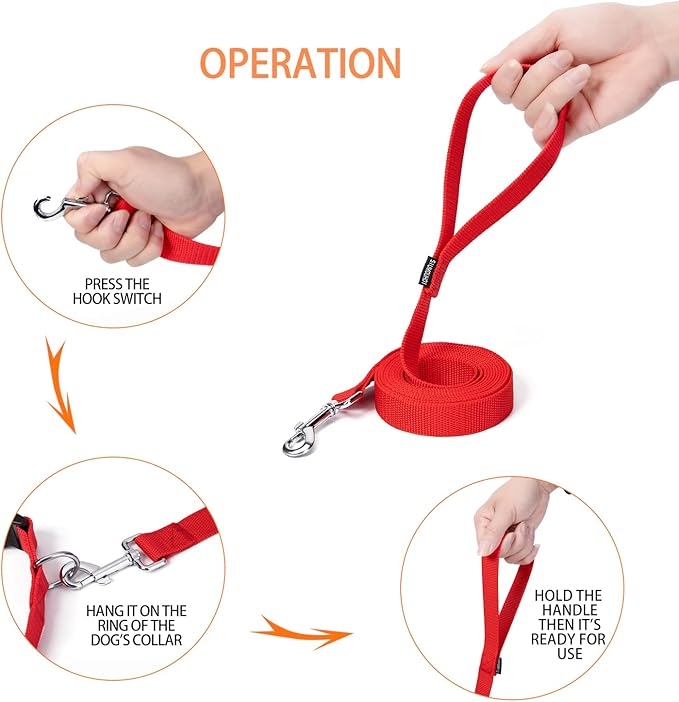 Siumouhoi Strong Durable Nylon Dog Training Leash, 1 Inch Wide Traction Rope, 6 ft 10ft 15ft Long, for Small and Medium Dog (Red, 10 Feet)