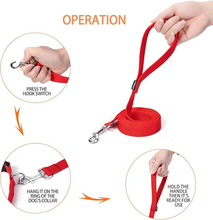 Siumouhoi Strong Durable Nylon Dog Training Leash, 1 Inch Wide Traction Rope, 6 ft 10ft 15ft Long, for Small and Medium Dog (Red, 10 Feet)