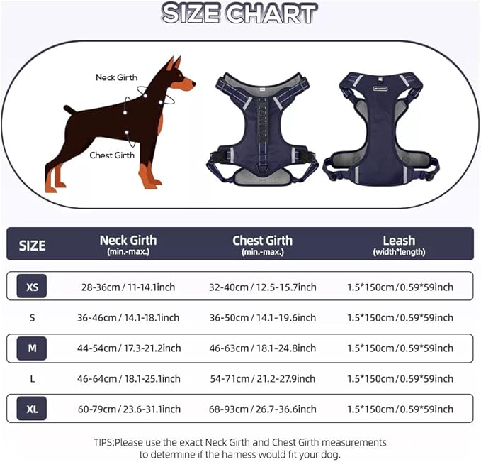 Dog Harness No Pull Adjustable Reflective,for Medium and Large Small Dog with Leash 59.06in (Dark Blue, XS)