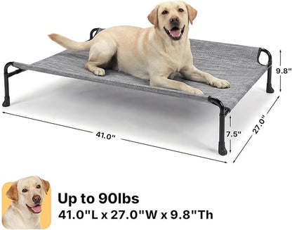 Veehoo Outdoor Elevated Dog Bed with Headrest Sides, Raised Dog Beds for Large Dogs, Washable Cooling Dog Cot with Non-Skid Feet, Breathable Mesh, Pet Hammock for Indoor or Camping, 41", Black Silver