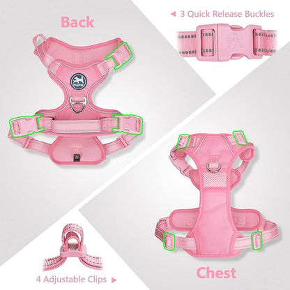PoyPet No Pull Dog Harness, No Choke Reflective Dog Vest, Adjustable Pet Harnesses with Easy Control Padded Handle for Small Medium Large Dogs(Light Pink Matching Trim,XL)
