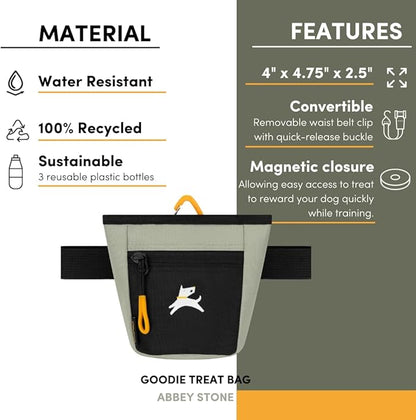 OllyDog Goodie Treat Bag, Dog Treat Pouch, Waist Belt Clip for Hands-Free Training, Magnetic Closure, Dog Training and Behavior Aids, Three Ways to Wear (Abbey Stone)