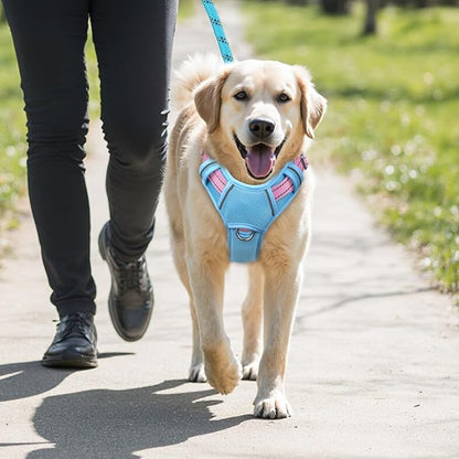BARKBAY No Pull Dog Harness Large Reflective Dog Harness with Front Clip and Easy Control Handle for Walking Training Running with ID tag Pocket(Baby Blue & Baby Pink,XL)