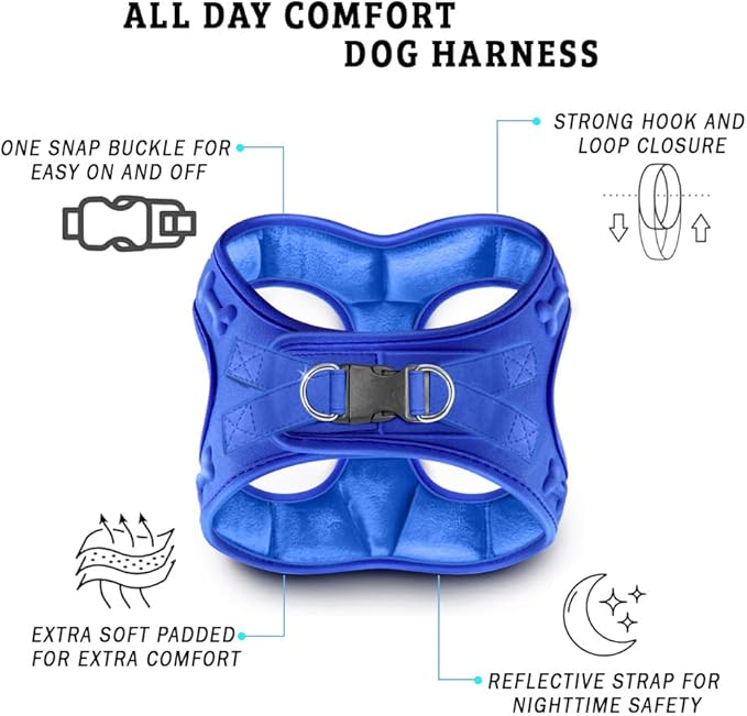 Comfort Fit Dog Harness Step in No Pull Harness for Medium Small Sized Dogs Soft Padded No Escape Harness Adjustable Easy Buckle with Leash Attachment D-Ring Extra Comfort Inside Velvet Plush S Blue