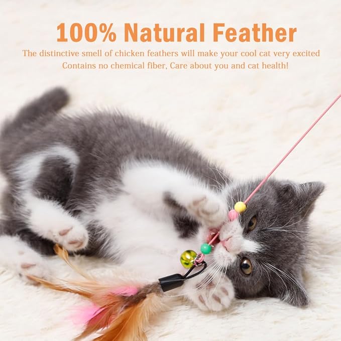 Sanpink 40 Pack Cat Feather Toy Wand, Interactive Pet Kitten Chaser Teaser Wire Wand with Bell Beads for Cat Exercise Play Fun Gifts - Wholesale