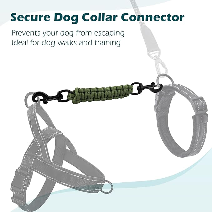 PetBonus Dog Collar Safety Clip, Handmade Backup Safety Strap for Dog Harness, Prong, Pinch Collar, Double Ended Clasp Leash Connector (Army Green)
