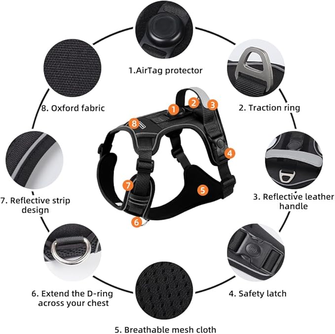 Airtag Dog Harness Chest Plate Reflective No Pull Harness with Leash for Extra Large Dogs (Black, L)