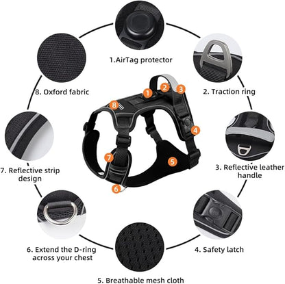Airtag Dog Harness Chest Plate Reflective No Pull Harness with Leash for Extra Large Dogs (Black, L)