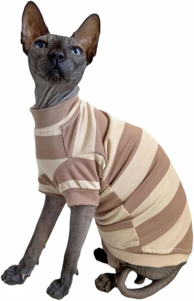 Sphynx Cat Clothes Shirts for Hairless Cat, Wide Stripe Cats Apparel, Kitten Summer Cotton T-Shirts with Sleeves for Cornish Rex, Devon Rex, Peterbald (Coffee, Large)