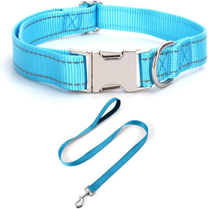Reflective Dog Collar and Leash Set with Metal Buckle, Soft Sturdy Nylon Dog Collars with Quick Release Buckle, Adjustable Pet Collars with with ID Tag Ring for Small Medium Large Dogs