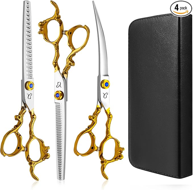 Dog Grooming Scissors,Thinning Shear Chunkers Shears and Curved scissors with Safety Round Tips,Sharp 3 in 1 Dog Scissors for Grooming