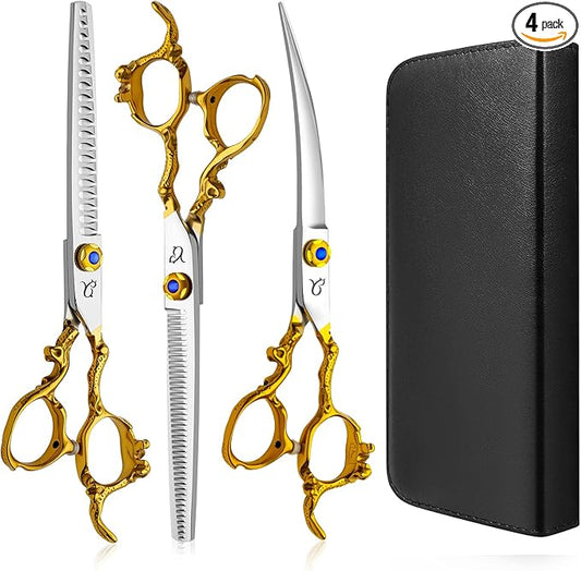 Dog Grooming Scissors,Thinning Shear Chunkers Shears and Curved scissors with Safety Round Tips,Sharp 3 in 1 Dog Scissors for Grooming