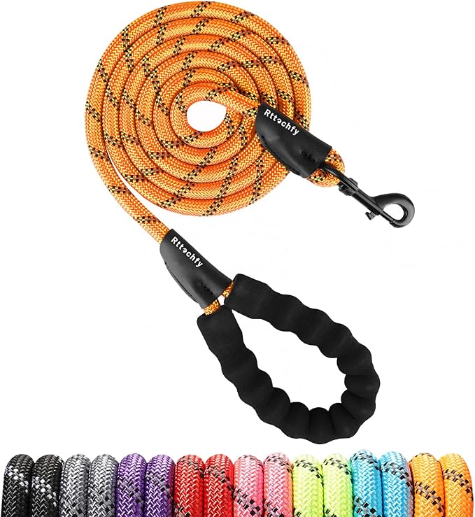 Rttochfy Rope Dog Leash 2/4/5/6/8/10 FT with Comfortable Padded Handle and Highly Reflective Threads for Small Medium and Large Dogs Heavy Duty (1/2"-5 FT, Orange)