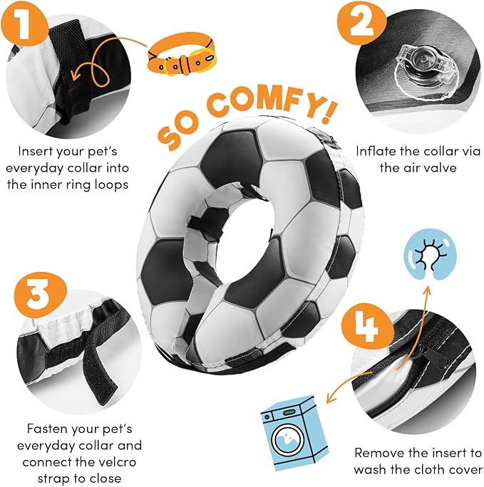 BENCMATE Inflatable Dog Cone Collar Alternative, Soft Dog Cone for Small Medium Large Dogs and Cats, Neck Recovery ECollar Donut Collar After Surgery (Small, Soccer)