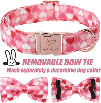 Valentines Dog Collar with Bow Tie - Love Heart Pattern Pink Bowtie Dog Collar Adjustable Heavy Duty Valentines Dog Collars for Small Medium Large Dogs L