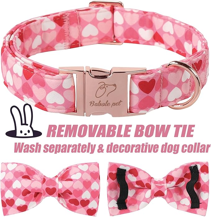 Valentines Dog Collar with Bow Tie - Love Heart Pattern Pink Bowtie Dog Collar Adjustable Heavy Duty Valentines Dog Collars for Small Medium Large Dogs M