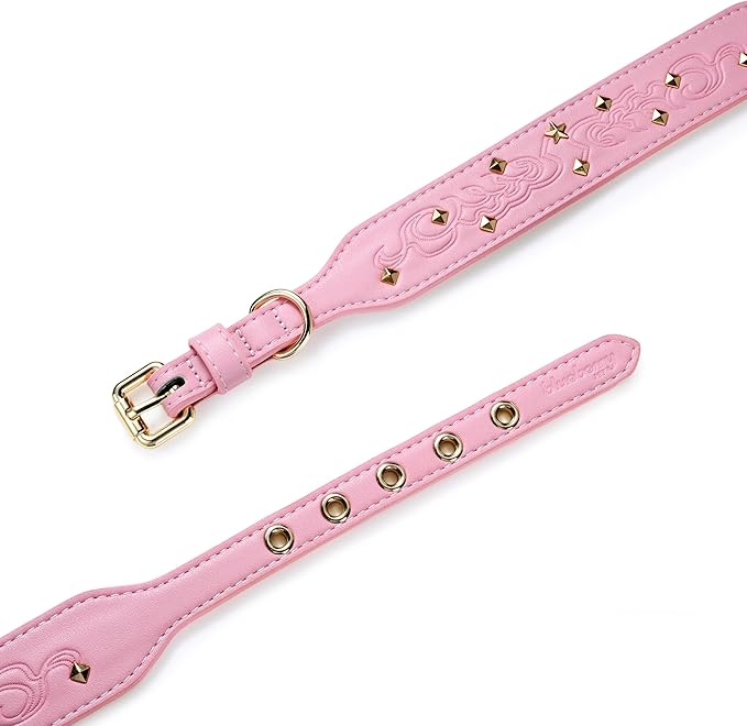 Blueberry Pet Premium Embossed Pink Glam Silver-Powered Freshness Microfiber Leather Dog Collar with Gold Studs
