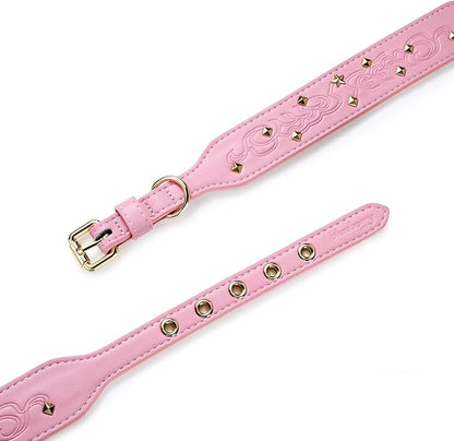 Blueberry Pet Premium Embossed Pink Glam Silver-Powered Freshness Microfiber Leather Dog Collar with Gold Studs