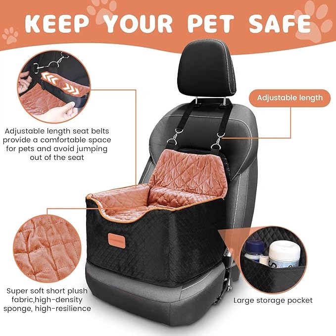 AlfaTok Memory Foam Booster Dog Car Seat with Washable Removable Cover, Elevated Pet Car Seat, Anti-Slip Sturdy Booster Seats for Small Dogs 35lbs, Seat Belt, Storage Pocket, Dog Blankets