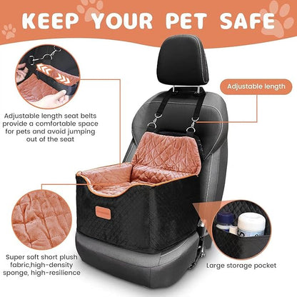 AlfaTok Memory Foam Booster Dog Car Seat with Washable Removable Cover, Elevated Pet Car Seat, Anti-Slip Sturdy Booster Seats for Small Dogs 35lbs, Seat Belt, Storage Pocket, Dog Blankets