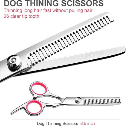 FAIGEO Dog Grooming Scissors with Safety Round Tips Stainless Steel Professional Dog Grooming Kit - Thinning, Curved Scissors and Comb for Cat Pet (Pink 4 in 1)