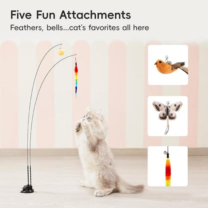 Potaroma Suction Cup Cat Wand Toys, Dual-Wand Interactive Kitten Toy for Indoor Cats with 5 Pcs Feathers Balls Attachments, Charcoal Base