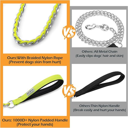 Chain Dog Leash Chew Proof Metal Leash for Medium Large Dogs, Chain Link Anti Chew 4FT Strong Anti Bite Comfortable Soft Padded Handle Yellow 3.0