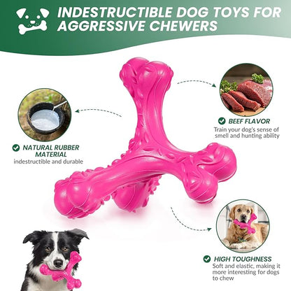 CVALIN Dog Chew Toys for Aggressive Chewers Large Breed,Indestructible Bones Toy，Durable Cleaning Toothbrush Natural Rubber Dog Toys… (Pink)