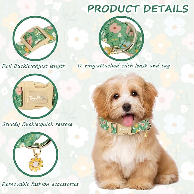 Dog Collar with Floral Patterns, Spring Summer Collection Green Dog Collar with Exquisite Pendant, Durable Adjustable Collars for Gifts & Daily Use-XS