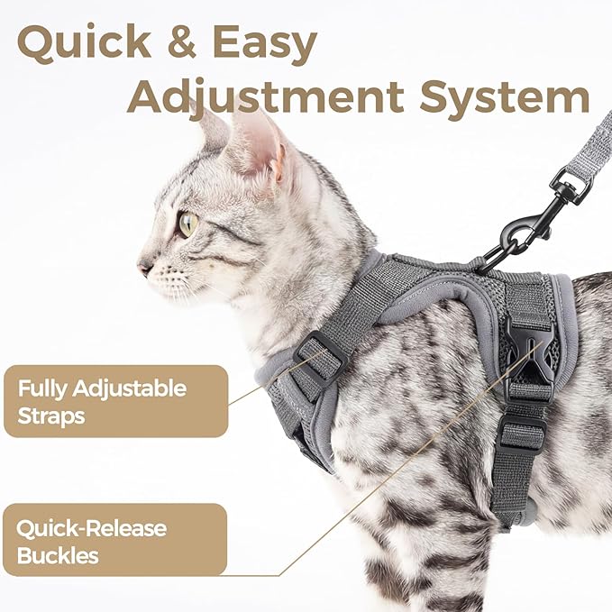 pangdi Cat Harness and Leash Set Escape Proof Tactical Large Kitten Harness Emotional Support Cat Vest, Grey, L