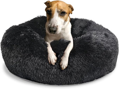 Calming Donut Dogs Beds for Medium Dogs up to 45 lb,30inch Anti-Slip Plush Round Dog Bed with Raised Rim,Fluffy Faux Fur Pet Bed for Cozy Sleep,Black