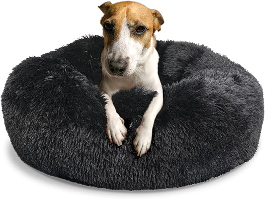 Calming Donut Dogs Beds for Medium Dogs up to 45 lb,30inch Anti-Slip Plush Round Dog Bed with Raised Rim,Fluffy Faux Fur Pet Bed for Cozy Sleep,Black