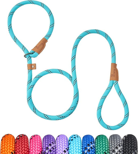5 FT Slip Lead Dog Leash, Heavy Duty Rope Leash for Small Medium Large Dogs, No Pull Training Lead with Reflective Thread, Strong Comfortable Loop Leash (Teal Stripe, Large(1/2"))