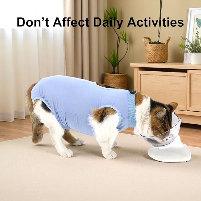 QIYADIN Cat Recovery Suit, Surgical Recovery Clothes for Abdominal Wound or Skin Disease, Cats Onesie After Surgery and Spay, E-Collar Alternative Pajama Suit (Blue, Small)