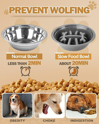 Elevated Dog Bowls, Dog Feeder with 1*Stainless Steel Dishes & 1*Slow Feeder Bowl, 5 Heights Adjustable Raised Stand for Medium Large, Food Dishes with Non-Slip Feet