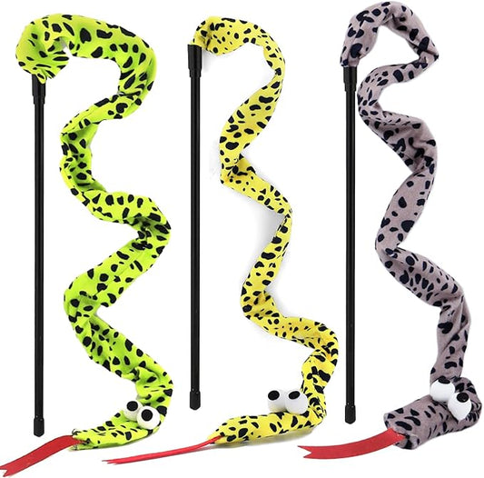 URMYONLY Interactive Cat Toy Wand with Catnip Mouse, Cat Teaser Wand Rainbow String for Bored Indoor Adult Cats and Kittens (3 Pack Snake)