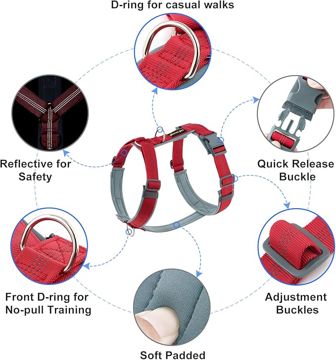 Plutus Pet No Pull Dog Harness, Adjustable Nylon Harness with Soft Padding, Reflective and Heavy Duty Dog Harness for Small, Medium, Large Dogs(Red, M)