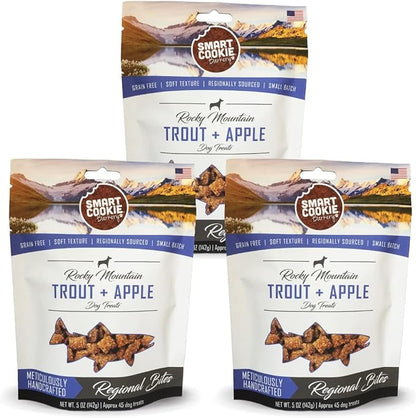Smart Cookie All Natural Dog Treats - Trout & Apple - Training Treats for Dogs with Allergies, Sensitive Stomachs - Soft Dog Treats, Grain Free, Chewy, Human-Grade, Made in USA - 5oz, Pack of 3
