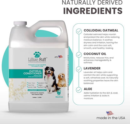 Lillian Ruff PRO Formula Oatmeal Dog Conditioner - Nourishing & Calming Relief for Allergies & Sensitive Skin - Detangles, Softens & Adds Shine with Oatmeal, Coconut Oil & Lavender - USA (Gallon+Pump)