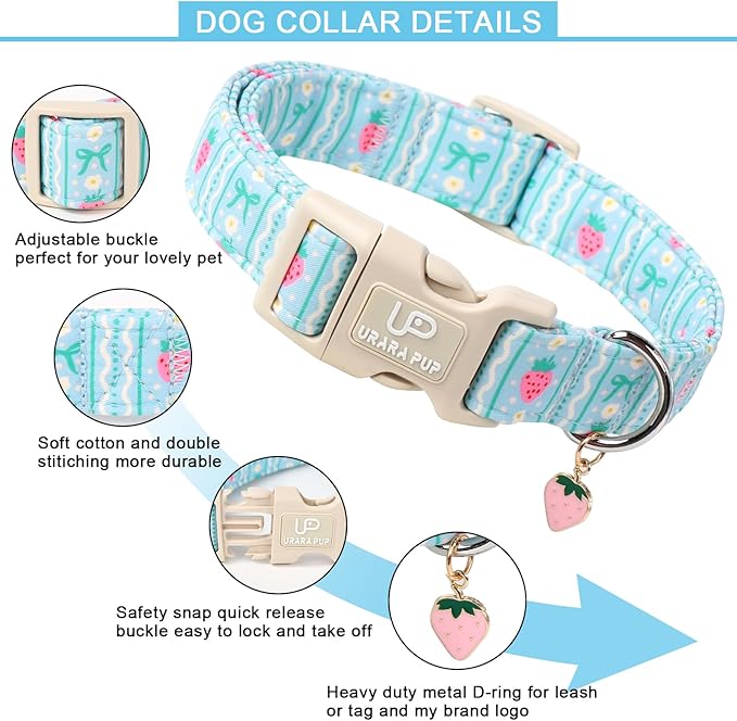 UP URARA PUP Dog Collar-Adorable Spring/Summer Puppy Collars-Adjustable Strawberry Pet Collar for Small,Medium,Large Dogs