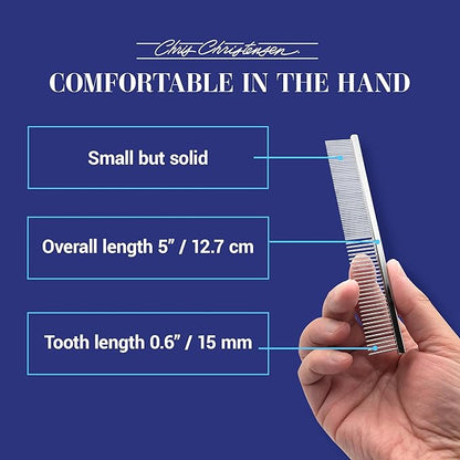 Chris Christensen 5in Face and Feet Fine/Coarse Butter Comb, Groom Like a Professional, Rounded Corners Prevent Friction and Breakage, Solid Brass Spin with Steel Teeth, Chrome Finish