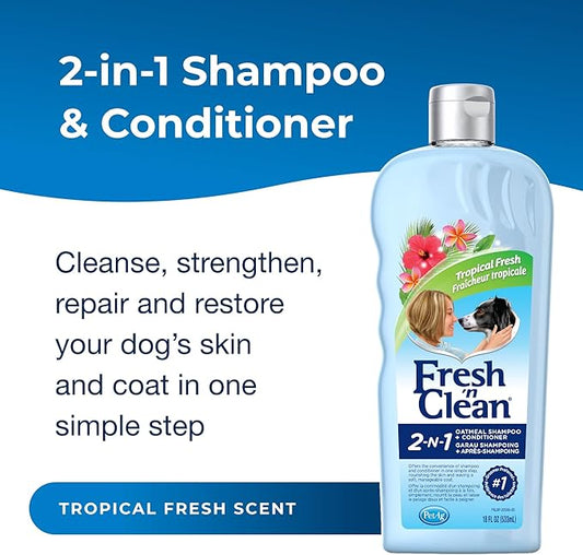 PetAg Fresh ’n Clean 2-N-1 Oatmeal Conditioning Shampoo, Tropical Scent - 18 oz - Moisturizes with Vitamin E & Aloe Vera - Strengthens & Repairs Coats - Soap Free