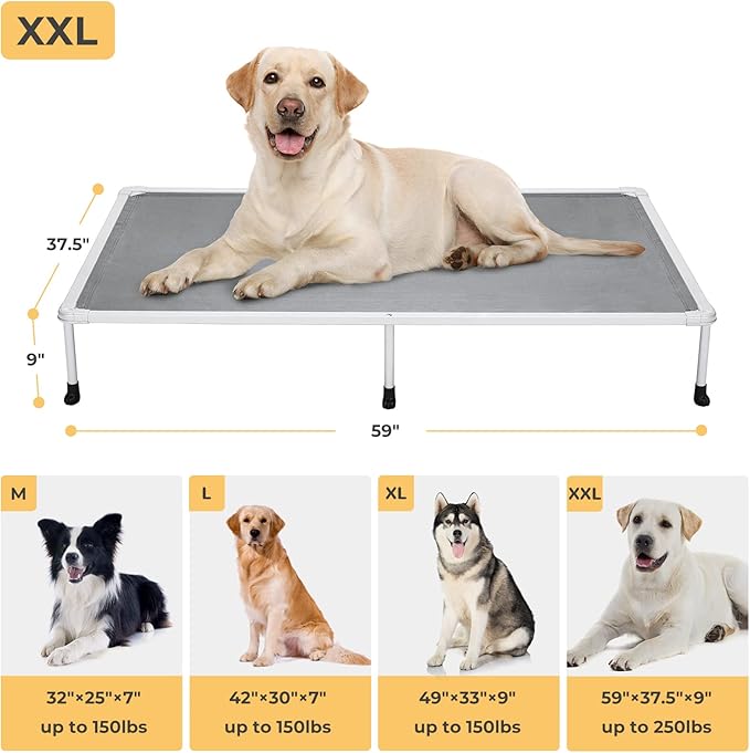 Veehoo Chewproof Elevated Dog Bed - Cooling Raised Pet Cot, Breathable Mesh, Washable & Non-Slip for Large Dogs, Indoor/Outdoor, Grey Mat and Silver Metal Frame, 59x37inches (Model CWC2203B03)
