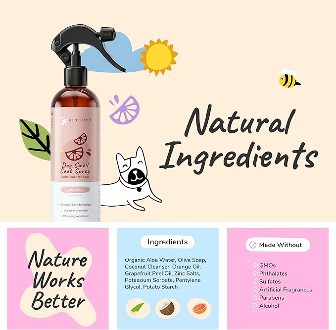 kin+kind Dog Deodorizing Spray - Safe, Natural, & Easy to Use Pet Odor Eliminator - Premium Dog Detangler Spray Formula Made w/Aloe - Dog Deodorizer for Smelly Dogs Made in The USA (12 fl oz)