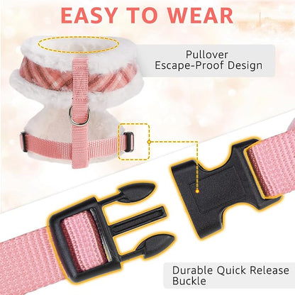 SCENEREAL Small Dog Harness Collar and Leash Set, Mesh Plush No Pull Puppy Vest Harness, Warm Fleece No Chock Step in Small Pet Halter for Outdoor Walking Training, Pink Plaid S
