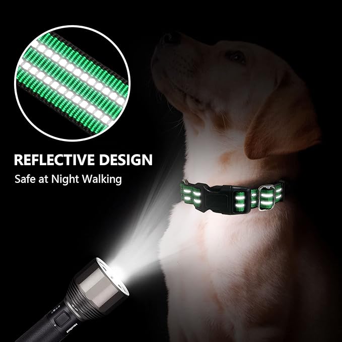 Hikiko Martingale Dog Collars Reflective Nylon Dog Collar with Quick Release Buckle Adjustable Training No Slip Dog Collar (Large, Green)