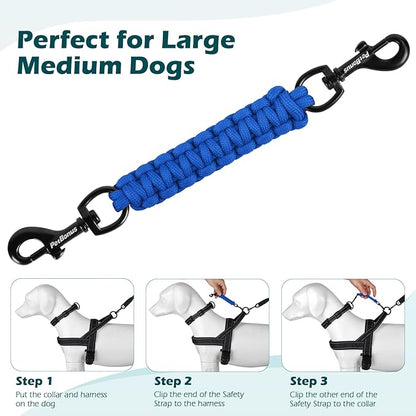 PetBonus Dog Collar Safety Clip, Handmade Backup Safety Strap for Dog Harness, Prong, Pinch Collar, Double Ended Clasp Leash Connector (Blue)