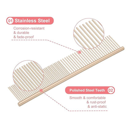 PETAXCELL Dog Cat Comb, Pet Combs Stainless Steel Teeth with Rounded Ends for Knots Mats Loose Hair Removal, 7.5IN (Gold Coated, 3 Pack), Grooming Tool Intended for Long Curly Hair Pet